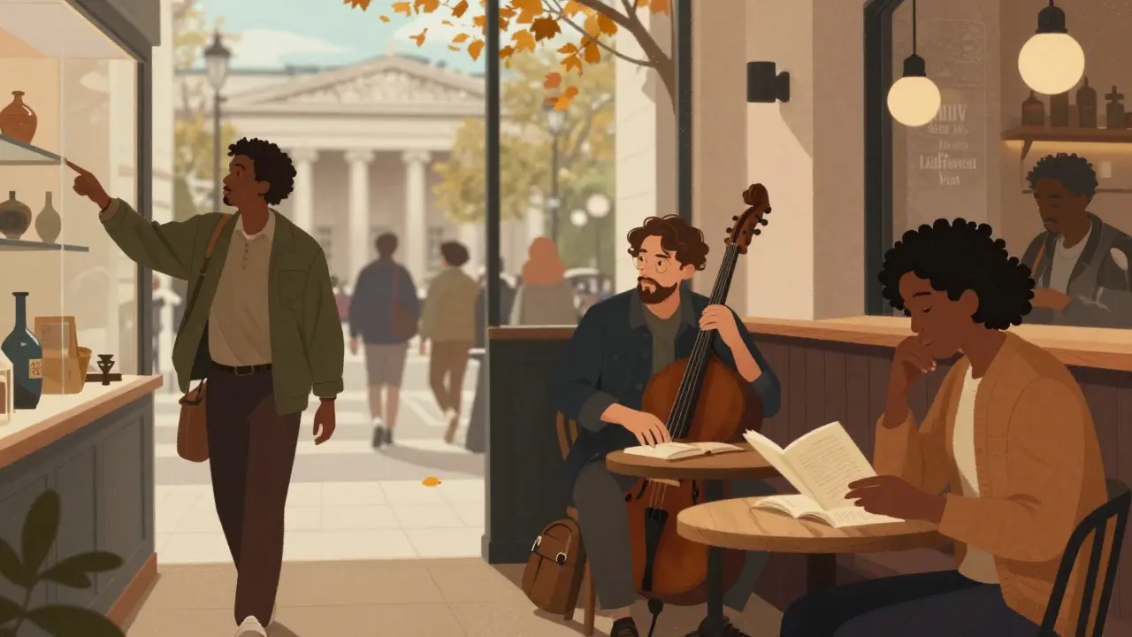 Diverse Londoners enjoying cultural outings with companions at a museum, jazz bar, and café.