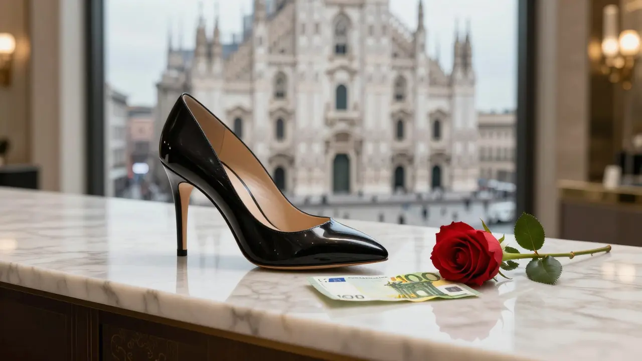 Elegant high-heeled shoe and euro note on marble countertop with Duomo reflection, rose nearby.