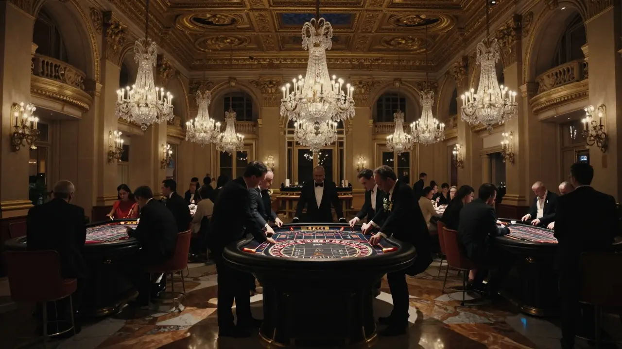 Elegant interior of Monte Carlo Casino with chandeliers and silent spectators watching roulette.