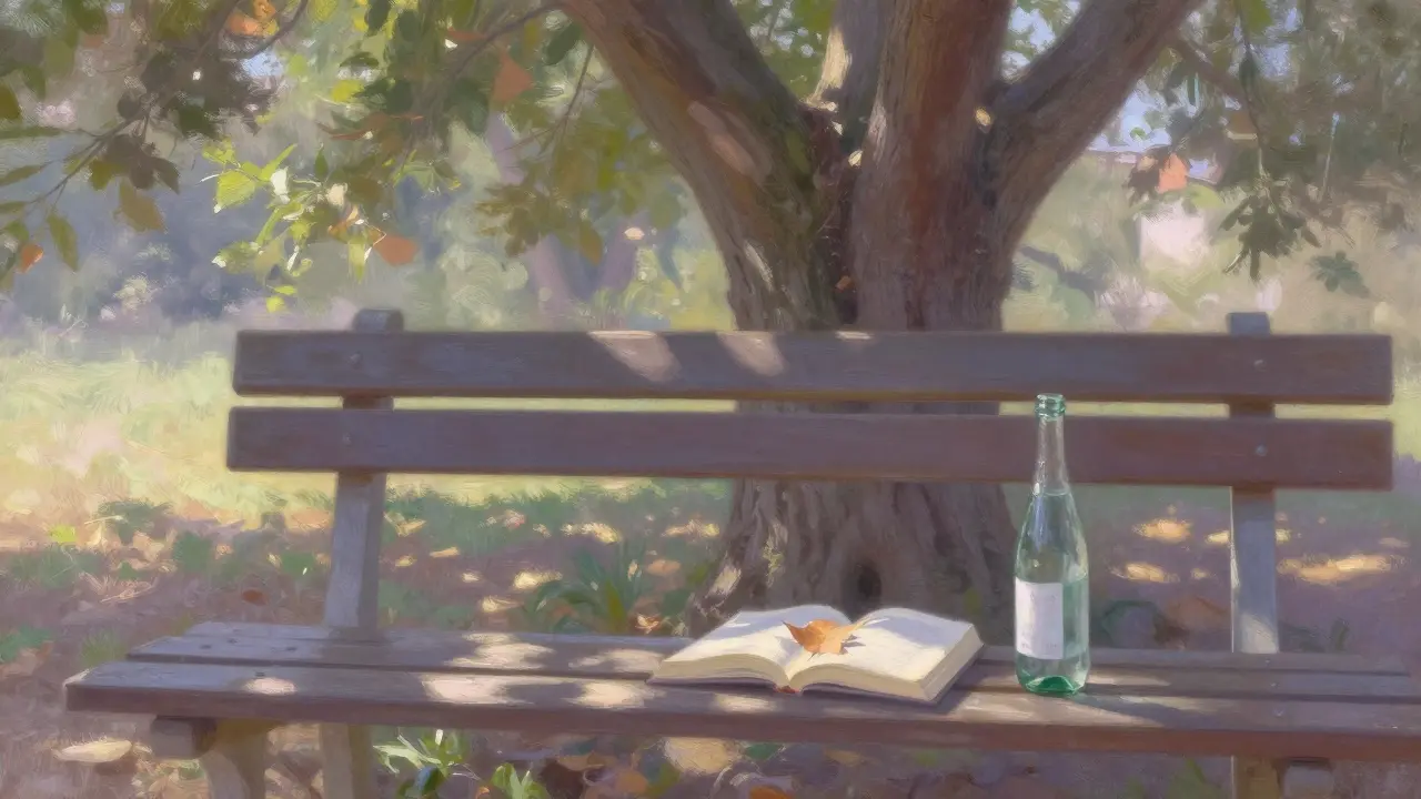 Empty bench under a large tree in Milan's hidden public garden with a book and chilled water bottle.
