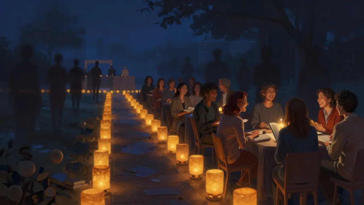 Glowing path of lanterns leading to a friendly book club, shadows of scams fading away.