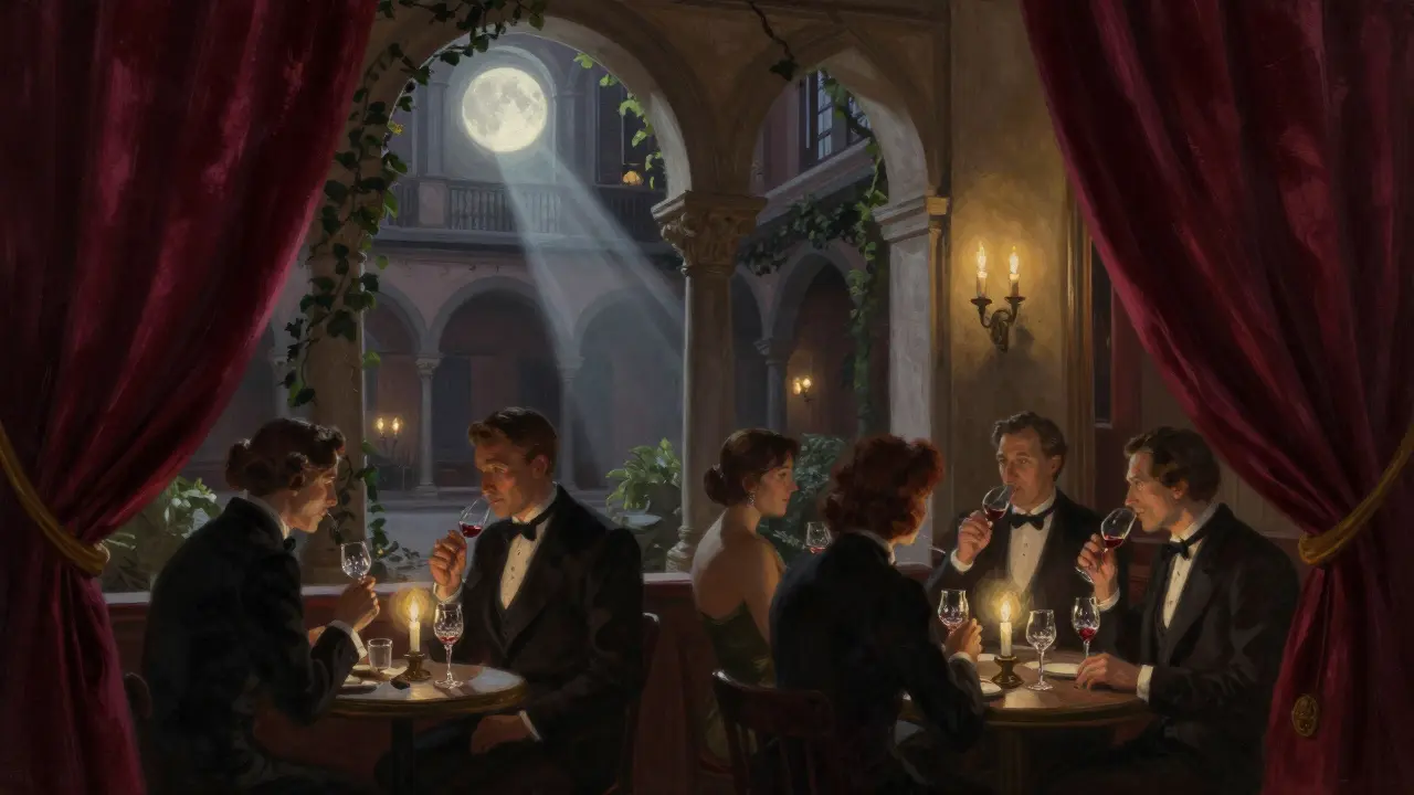 Hidden courtyard bar in Brera with small group sipping wine by candlelight.