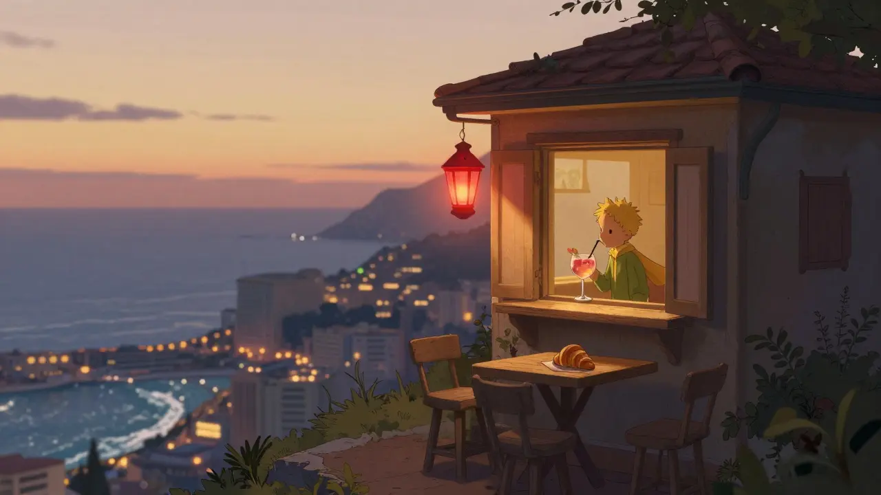 Hidden hillside bar at sunrise with a single red lantern and quiet figure overlooking the sea.