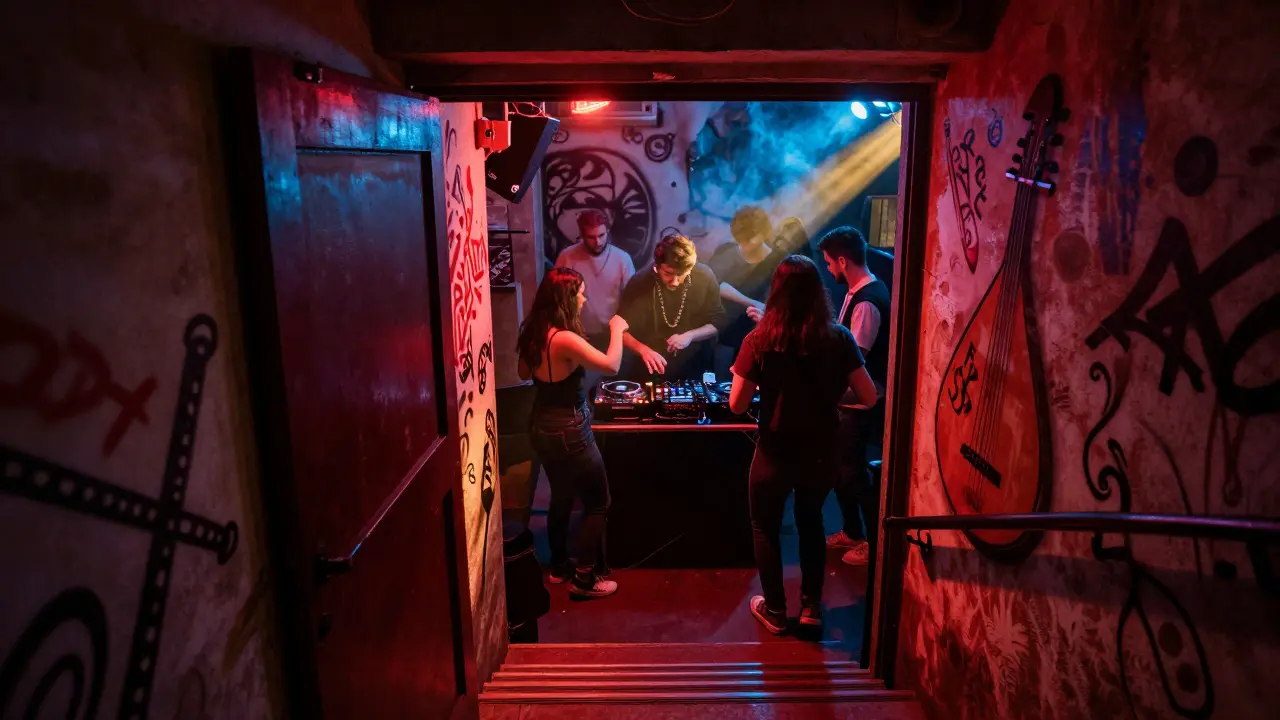 Hidden underground club in Kadıköy with dancers under red light, blending Turkish music and techno beats.
