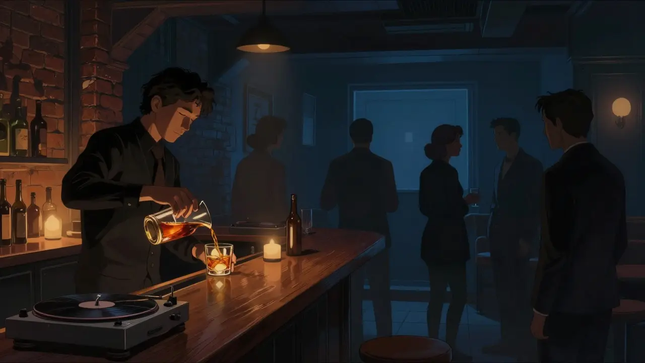Hidden underground club with dim lighting, bartender pouring drink in moody ambiance.