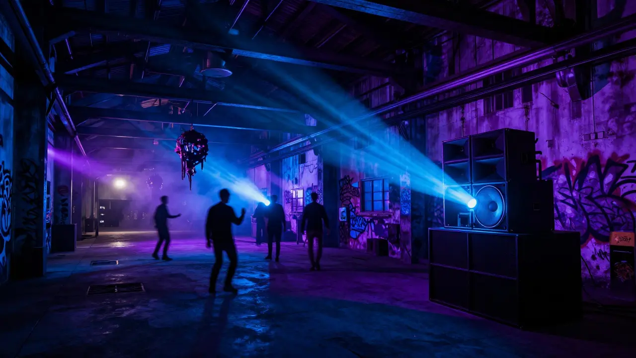 Industrial warehouse club in Isola with dancers under pulsing neon lights.