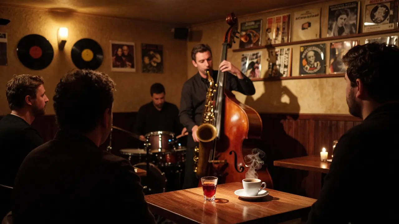 Jazz bar basement with saxophonist lit by single spotlight, raki and coffee on table.