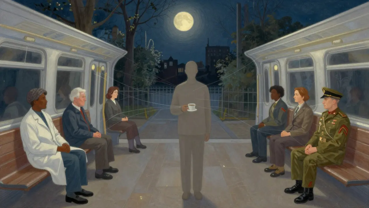 Lonely Londoners connected by glowing threads to a silent companion in a moonlit courtyard, evoking emotional support.