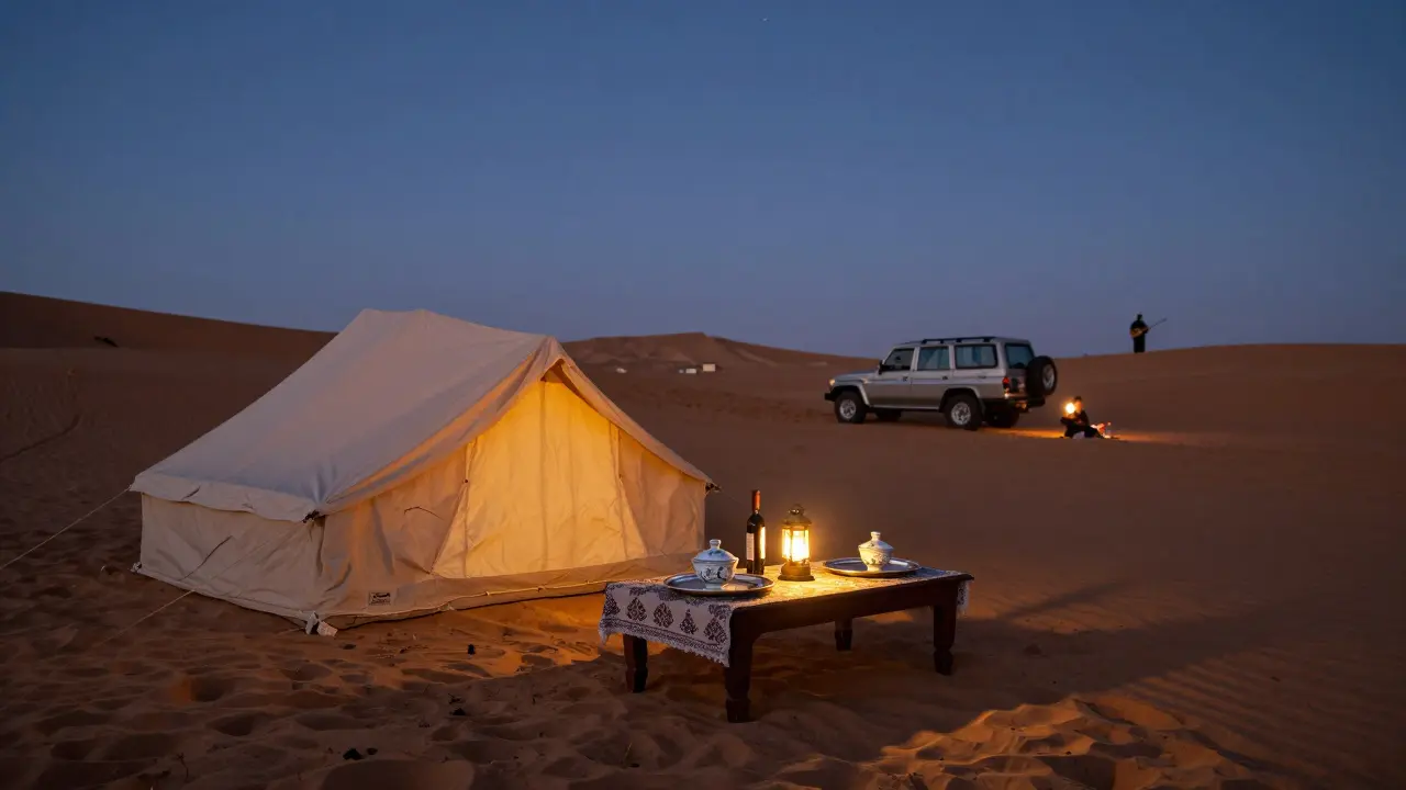 Luxury desert dinner under stars with lantern-lit tent and oud musician silhouette.
