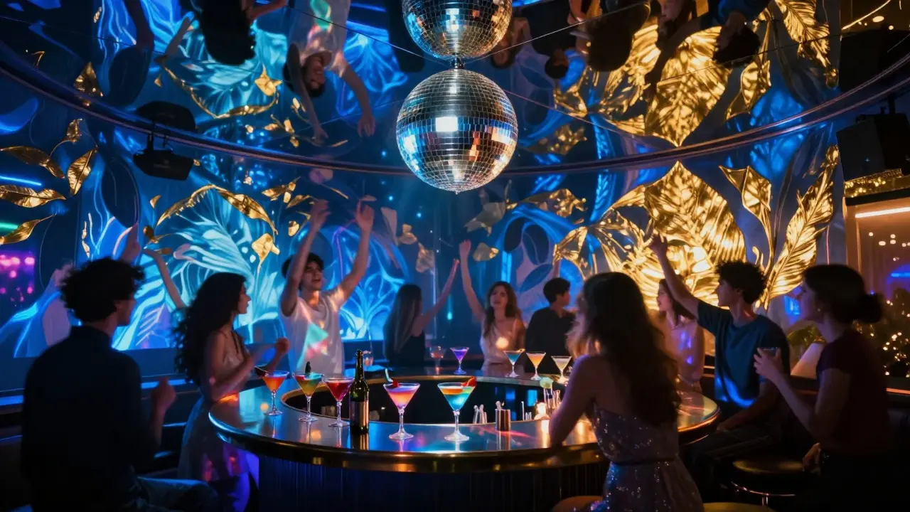 Neon-lit nightclub with mirrored ceiling reflecting dancing figures and a disco ball bar.