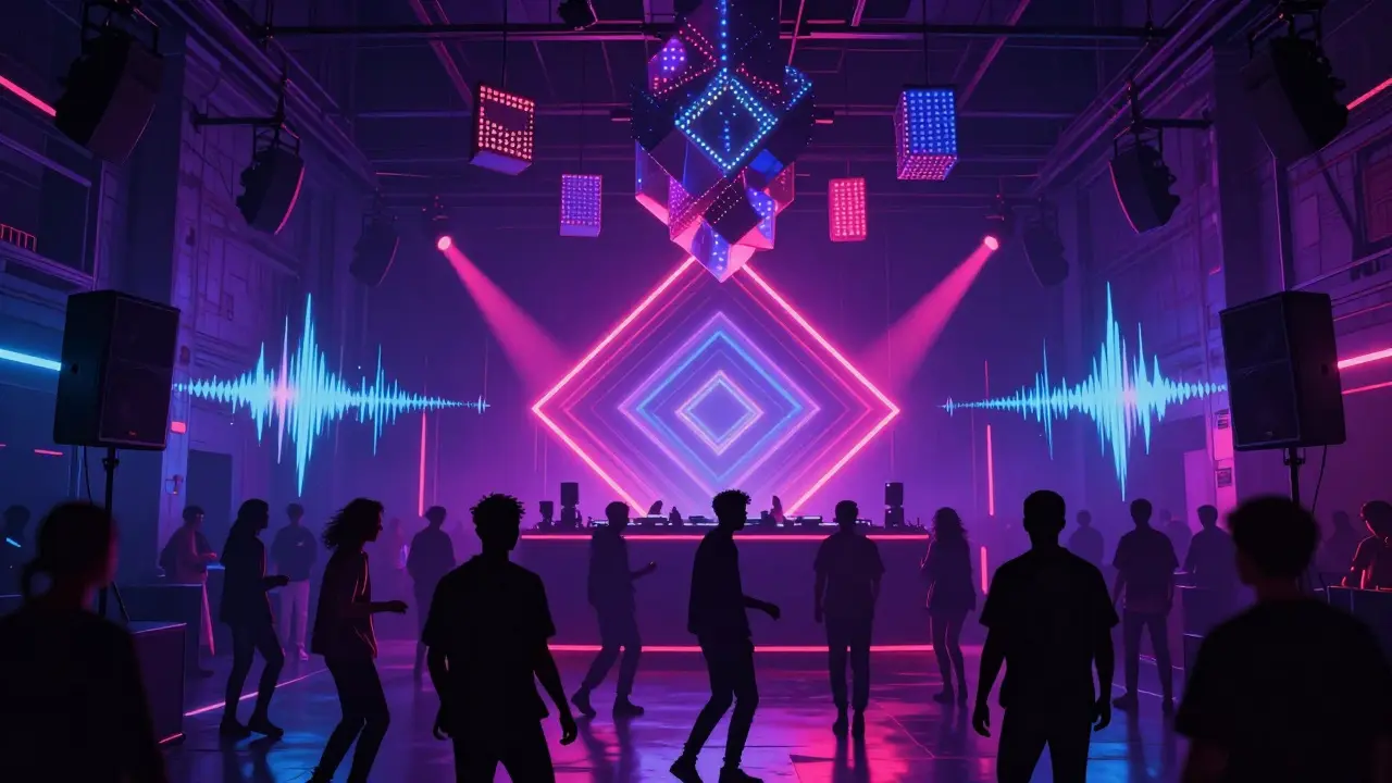 Neon-lit warehouse club with dancers under pulsating geometric lights and sound waves.