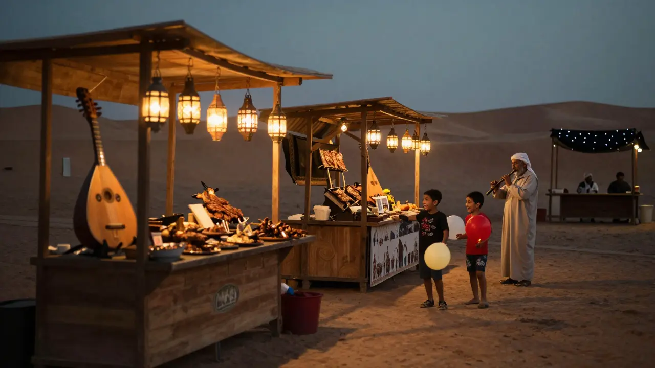 Night market under lanterns with food stalls, musical instruments, and a flute player under the stars.