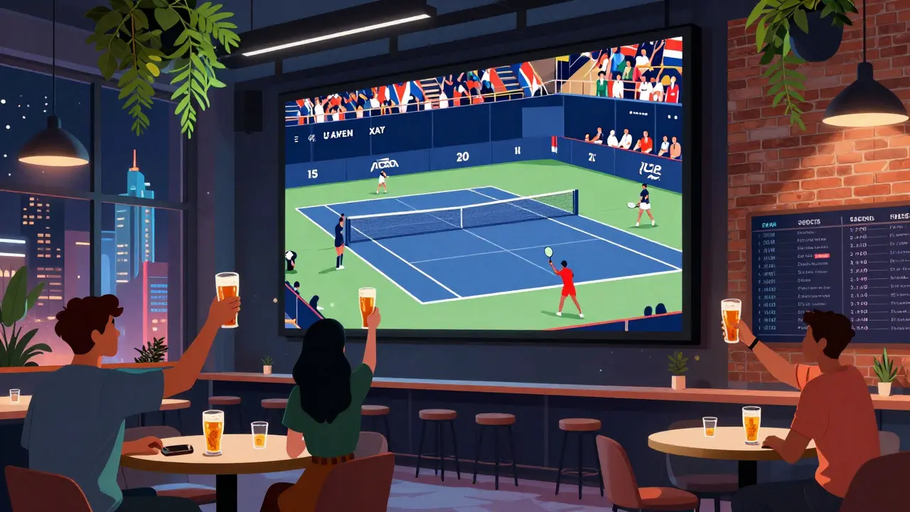 Patrons watching a tennis final at The Racket with a large screen, craft beers, and modern interior lighting.