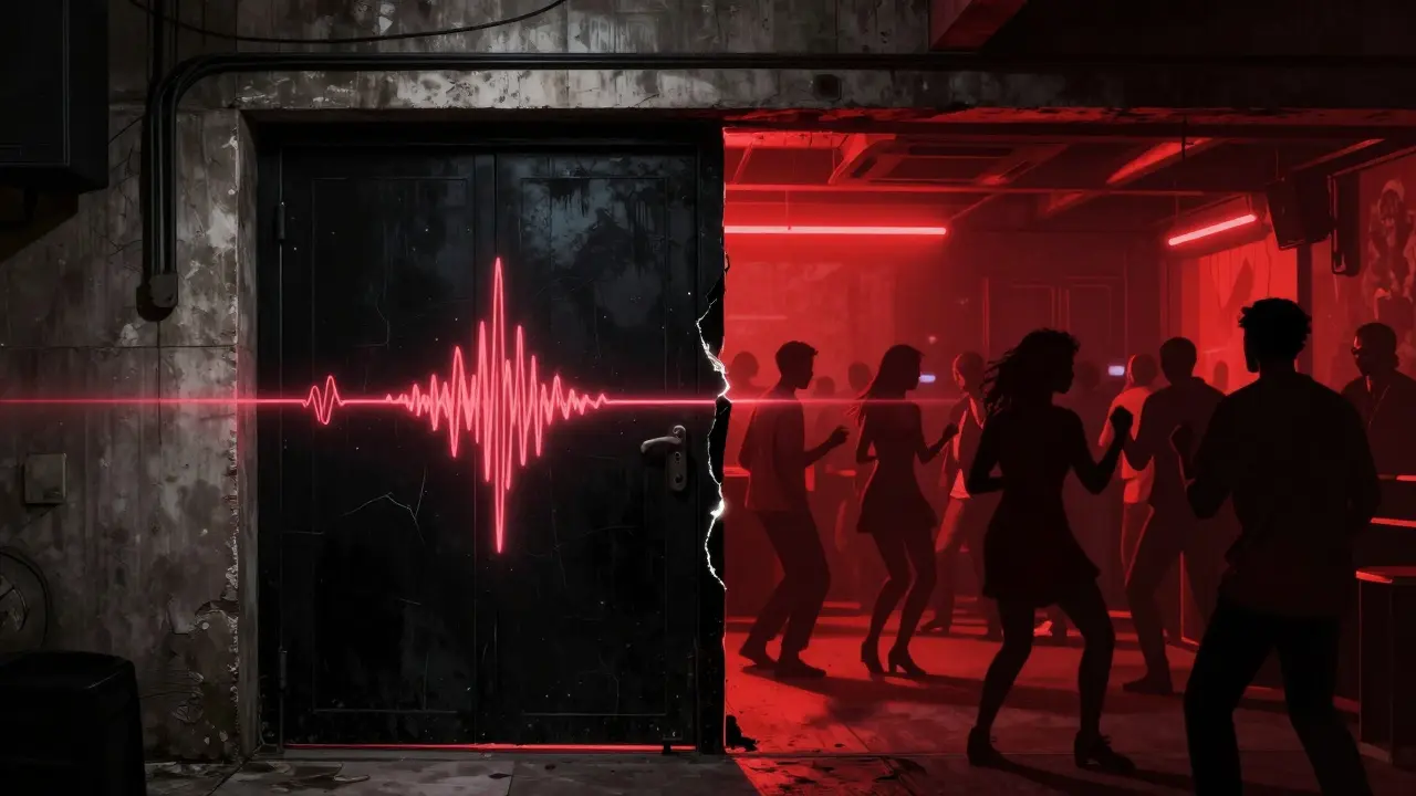 People dancing in a dimly lit underground club behind a hidden black door.