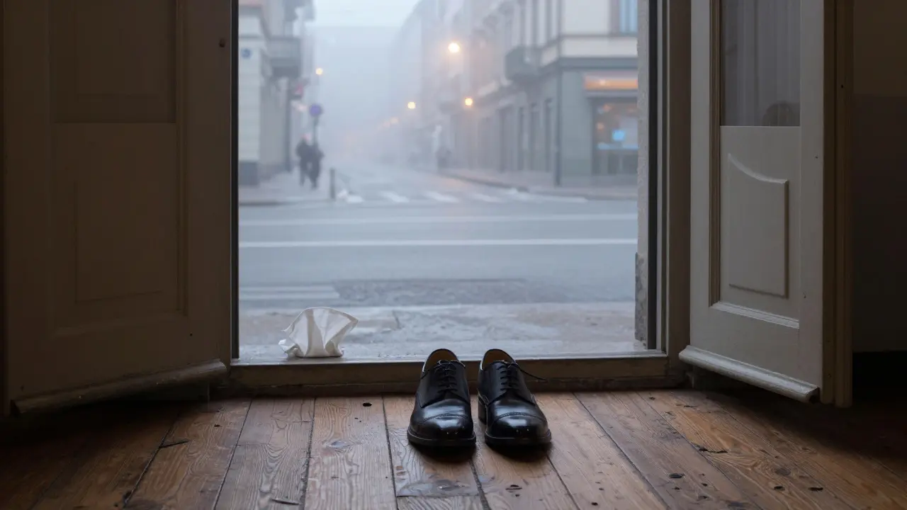 Polished dress shoes beside an open door at dawn, a folded tissue on the sill, misty Milan street beyond, evoking a moment left behind.
