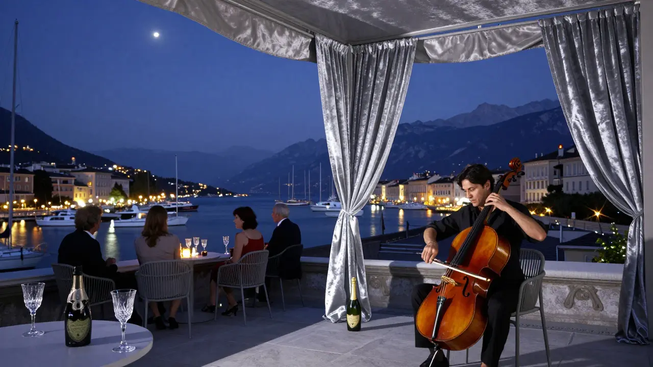 Private rooftop terrace at dawn with a cellist playing as guests admire the lit harbor and yachts below.