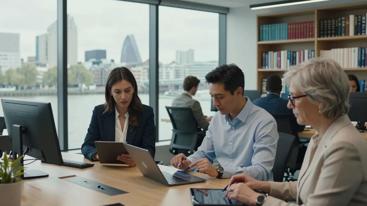 Professionals reviewing client profiles in a serene, book-lined agency office in London.