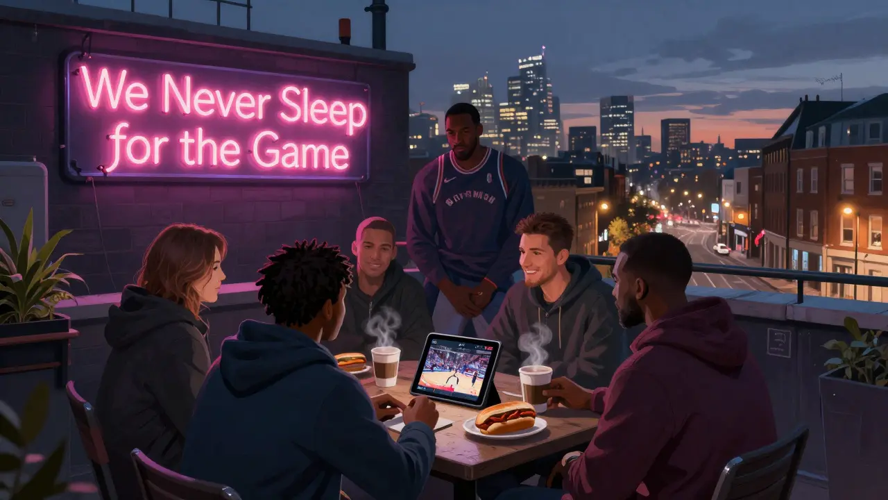 Quiet rooftop sports bar at dawn, fans rewatching a game under neon lights with coffee.
