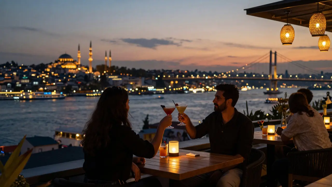 Rooftop bar in Istanbul with guests enjoying drinks overlooking illuminated mosques and the Bosphorus Bridge.