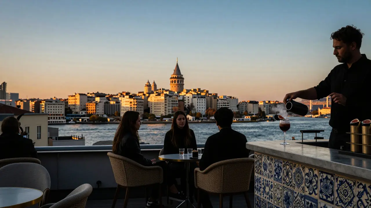 Rooftop bar Karaköy Life at sunset overlooking the Golden Horn and Galata Tower.