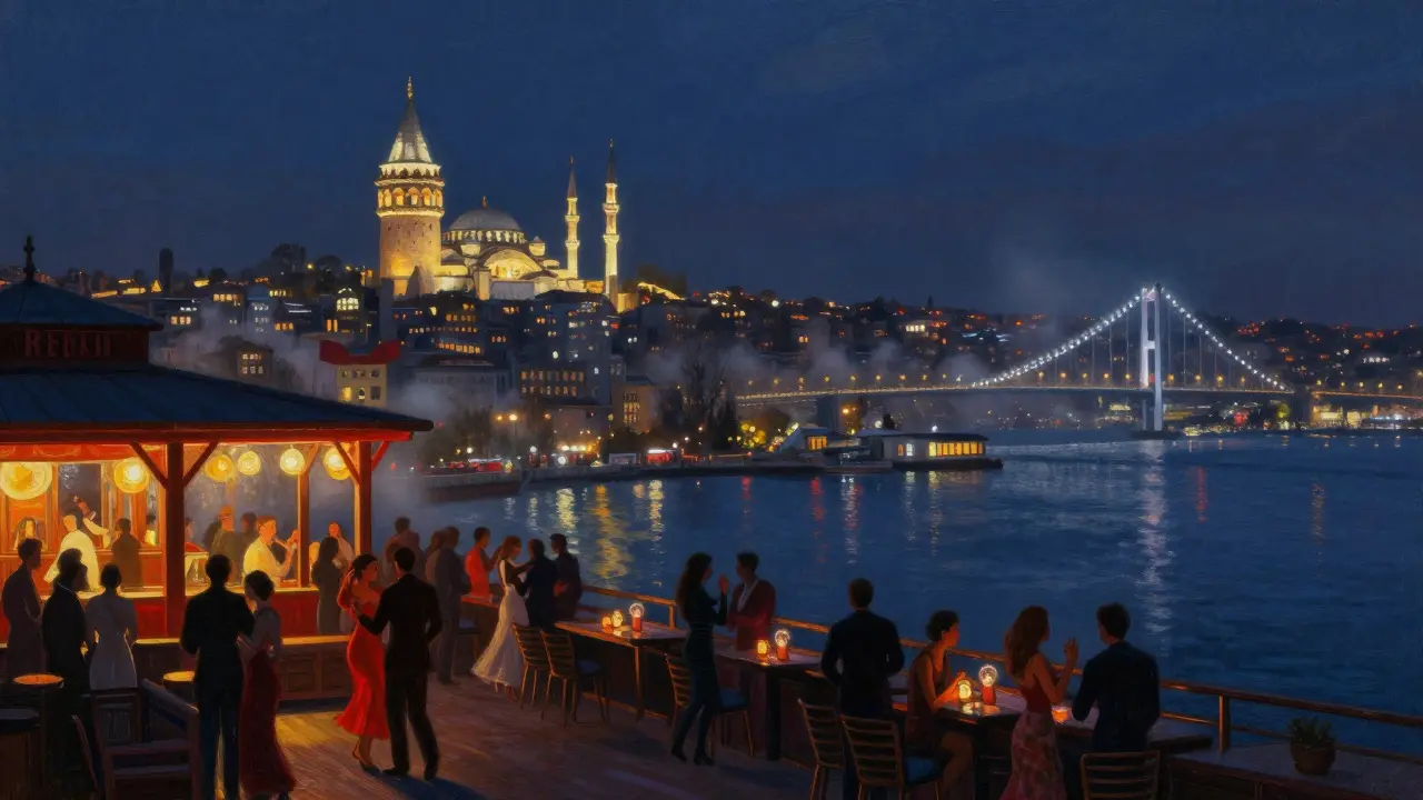 Rooftop party on the Bosphorus with city lights reflecting on dark water and illuminated mosques in the distance.