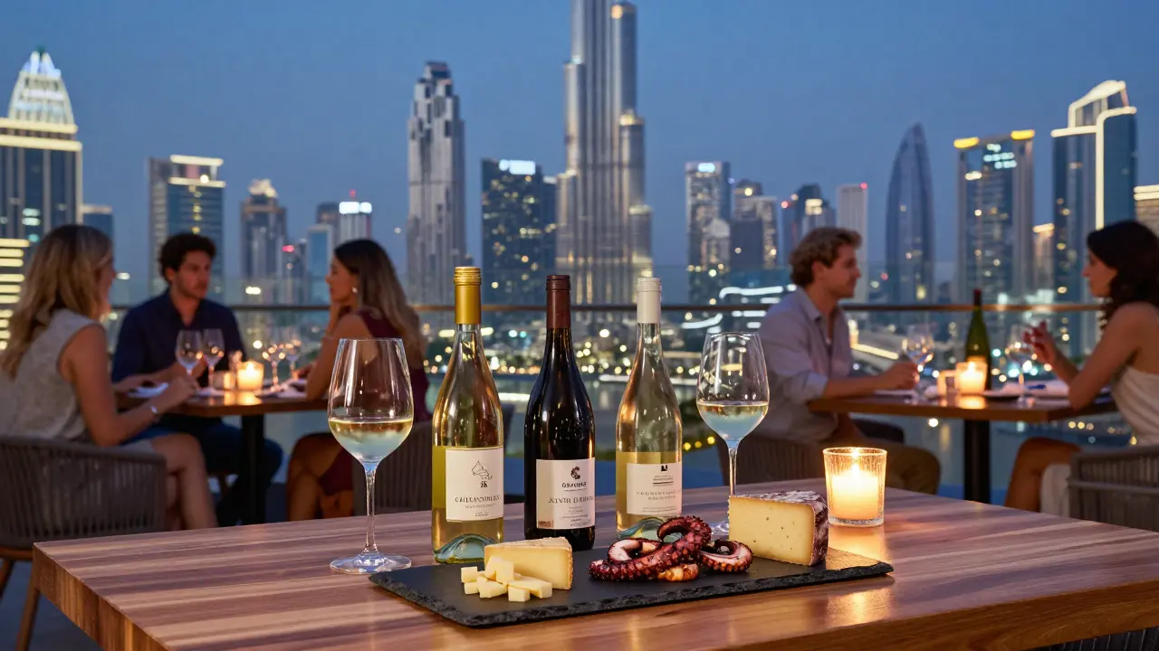 Rooftop wine flight with Mediterranean wines and gourmet pairings against Dubai’s skyline at dusk.