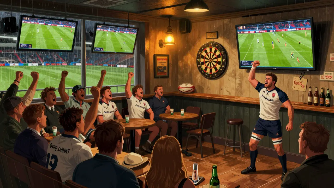 Rugby fans singing in a cozy pub during a Six Nations game, rugby ball dartboard on the wall.