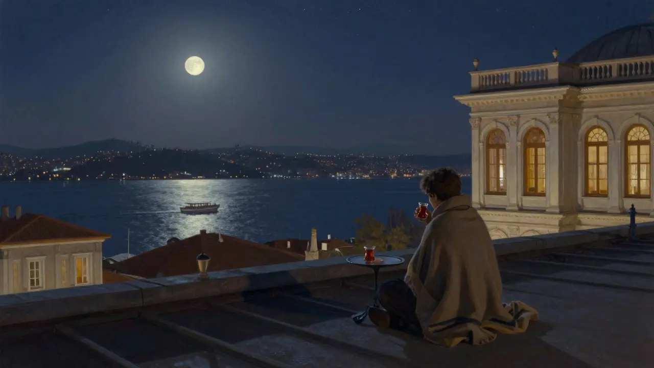 Serene rooftop terrace at night with a person sipping tea under stars above the Bosphorus.