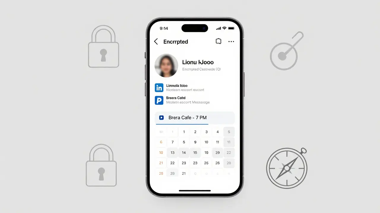 Smartphone screen shows encrypted messages and client verification icons, symbolizing discreet digital companionship in Milan.