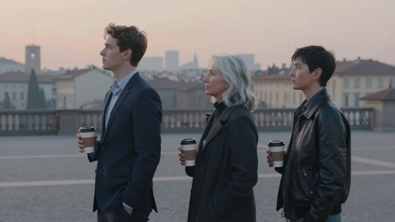 Three diverse companions standing silently in a Brera courtyard at sunrise, holding coffee.