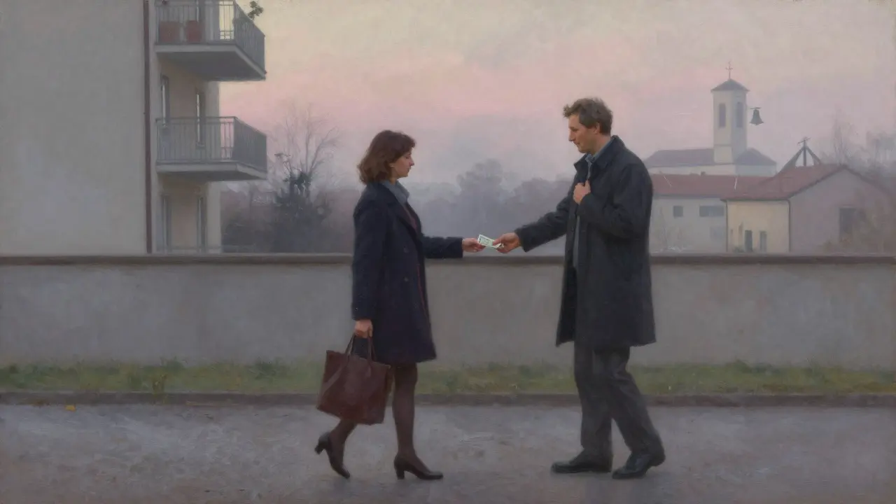 Two figures part at dawn in Brera, exchanging cash silently, morning mist softening the scene, conveying dignity and mutual respect.