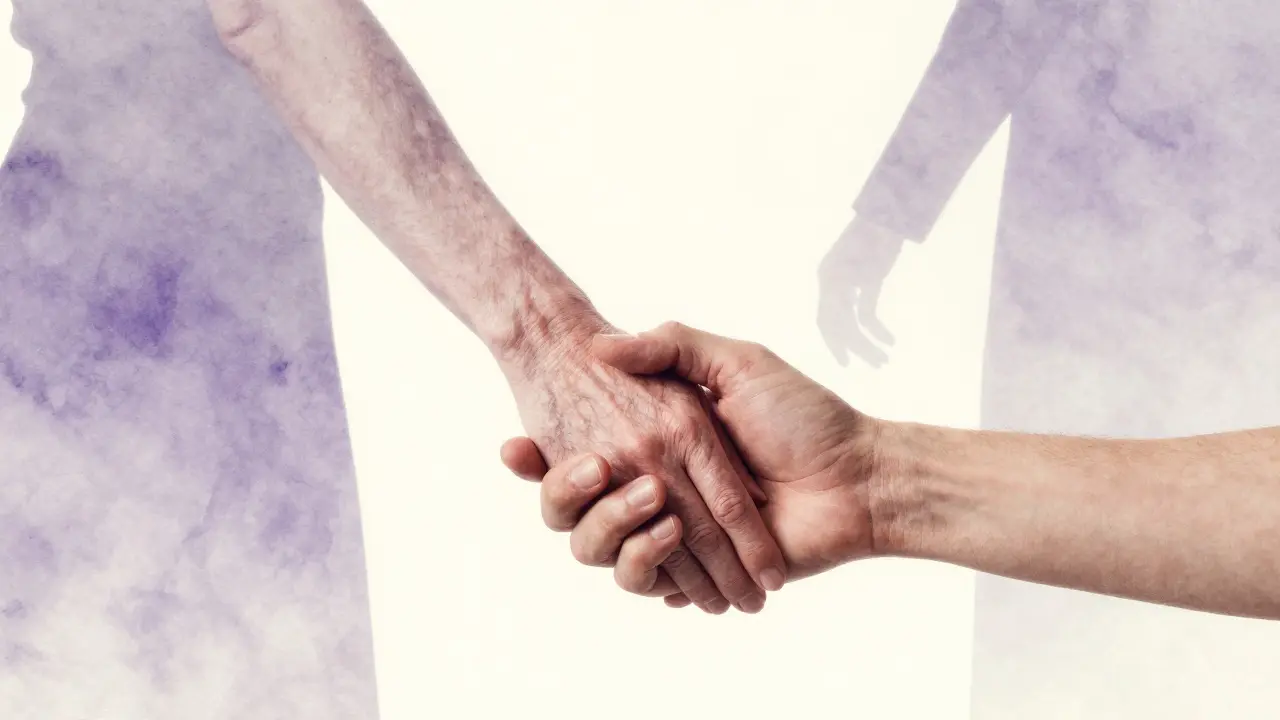 Two hands hold each other gently, surrounded by faint silhouettes of other hands in abstract watercolor.