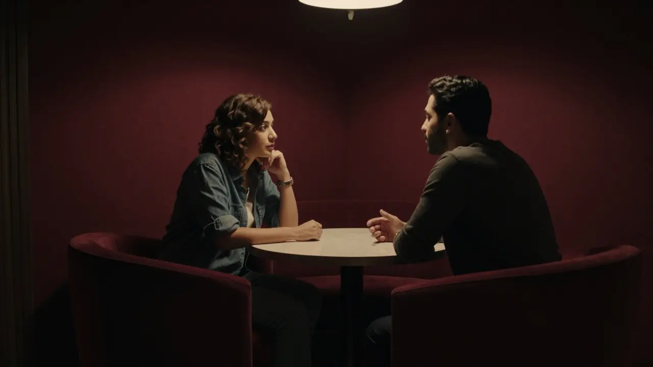 Two individuals in a hotel lounge sharing a quiet, respectful conversation with no physical contact, emphasizing emotional intelligence.