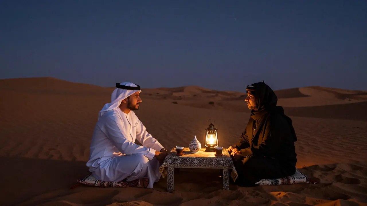 Two people sharing a quiet moment at a desert camp under stars, lit by lantern light with dunes in the background.