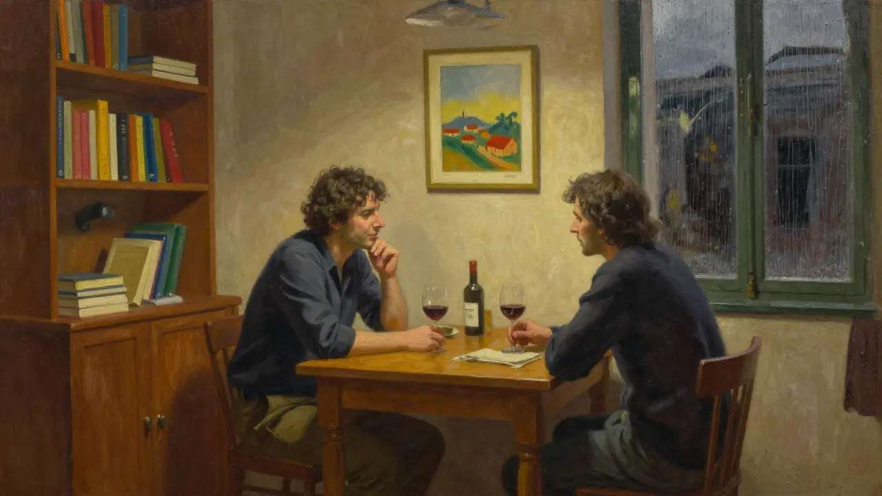 Two people sharing quiet conversation in a cozy apartment, warm lighting, books and art in the background, no physical contact, only eye contact.