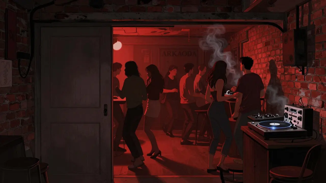 Underground bar Arkaoda with dim lighting, exposed brick, and a crowd dancing to live bass.