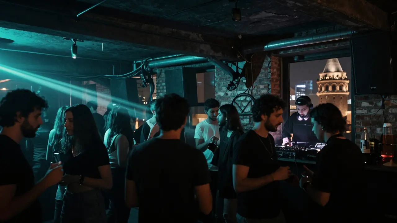 Underground club in Karaköy with dancers and industrial vibes, Galata Tower visible in the background.