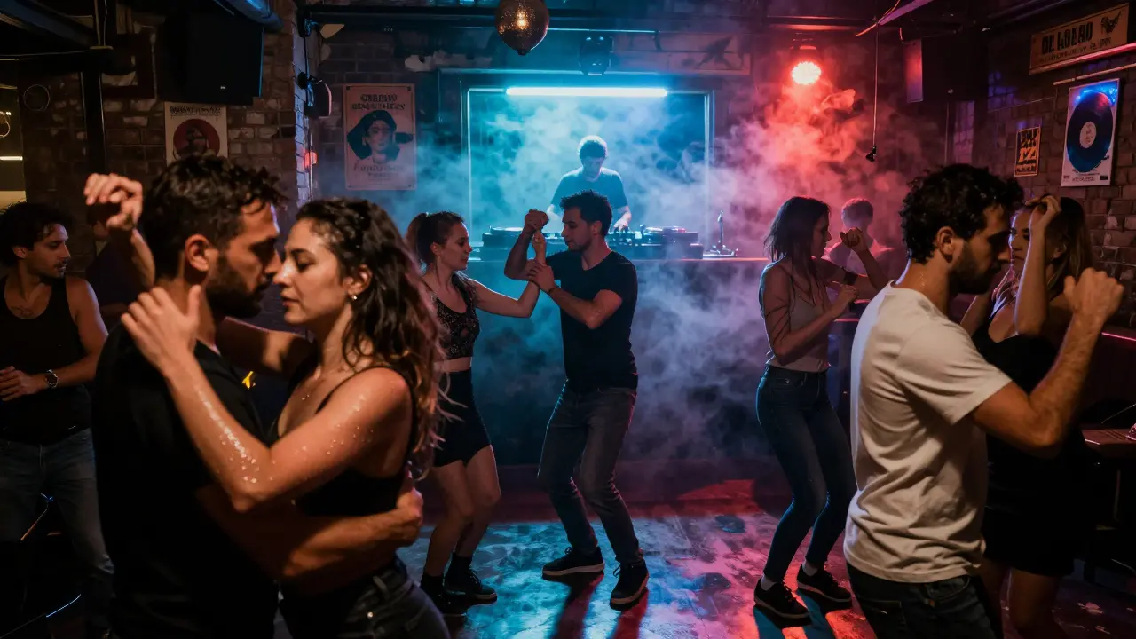 Underground club with dancers under neon lights, smoke, and raw energy in Beyoğlu.