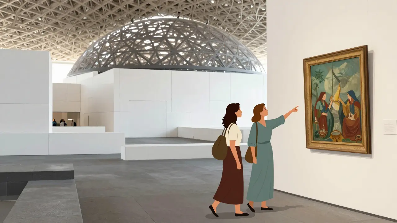 Woman and traveler viewing art together inside Louvre Abu Dhabi.