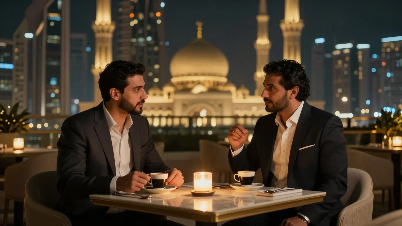 A client and companion share a quiet dinner at a rooftop restaurant in Abu Dhabi.