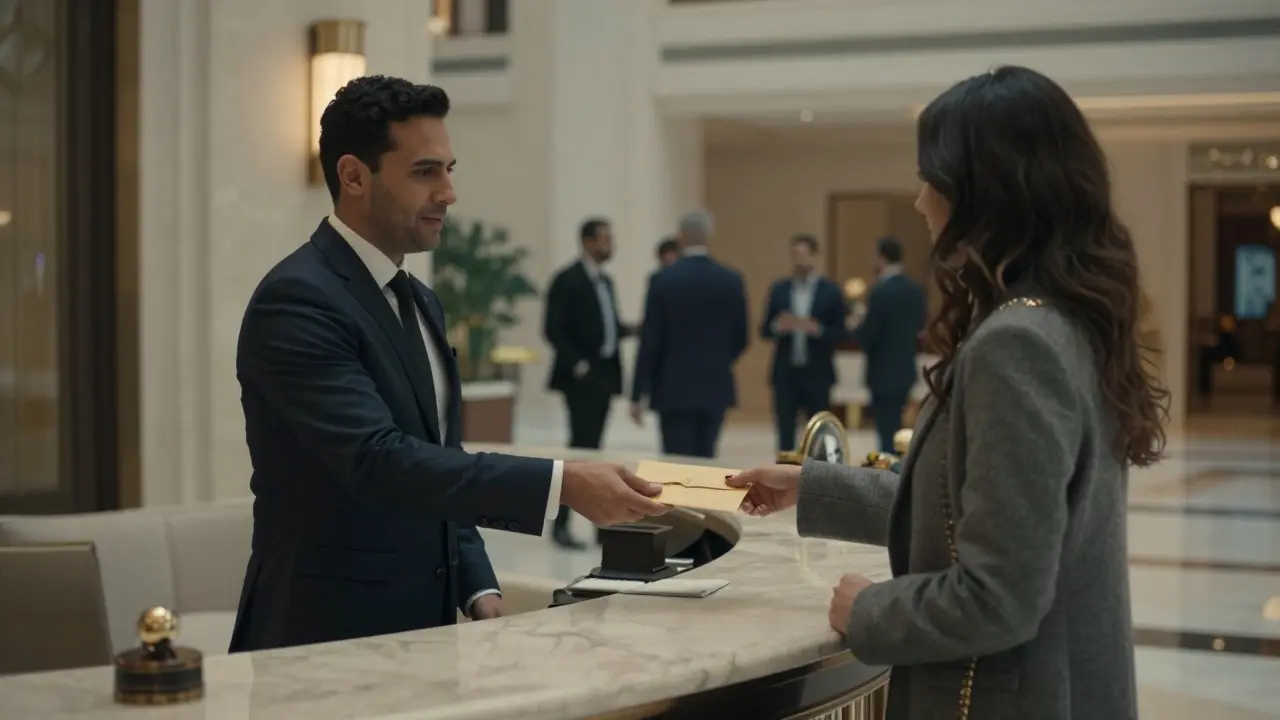A concierge discreetly hands an envelope to a client in the opulent lobby of the Burj Al Arab.
