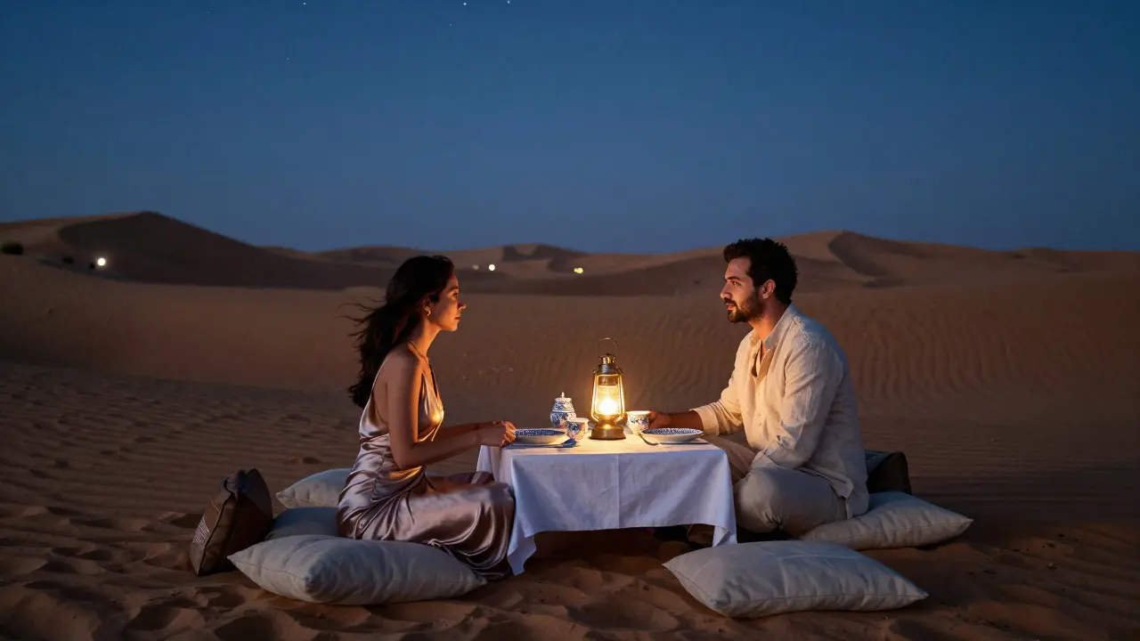 A couple enjoys a private dinner under the stars in the Dubai desert, surrounded by dunes and soft lantern light.