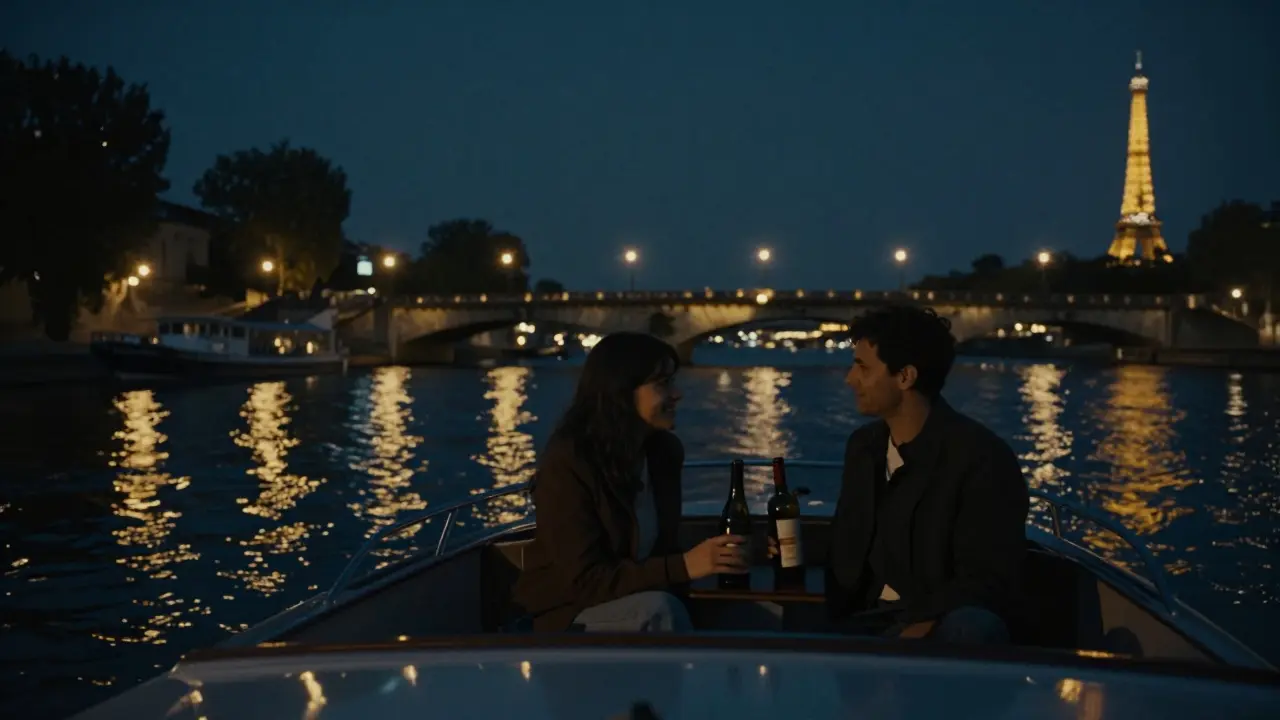 A couple on a private Seine boat at night, city lights reflecting on the water.