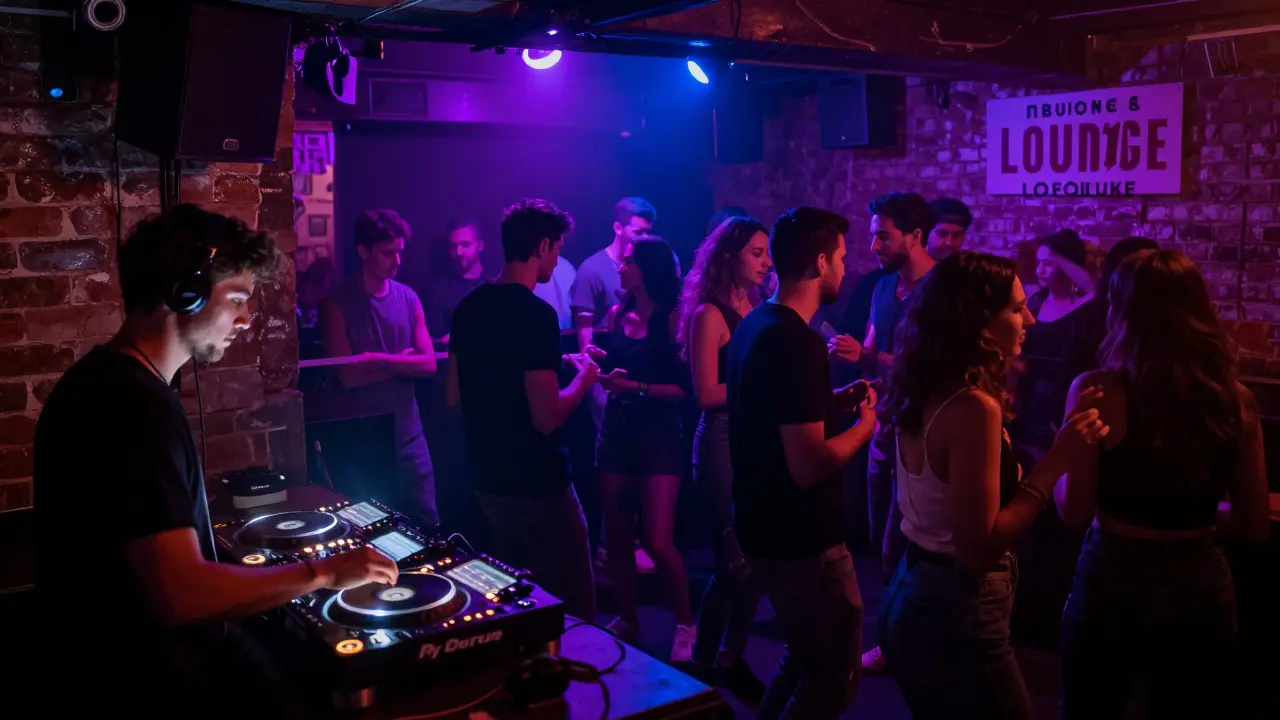 A dim underground club with a DJ playing deep house, diverse crowd dancing under colored lights.