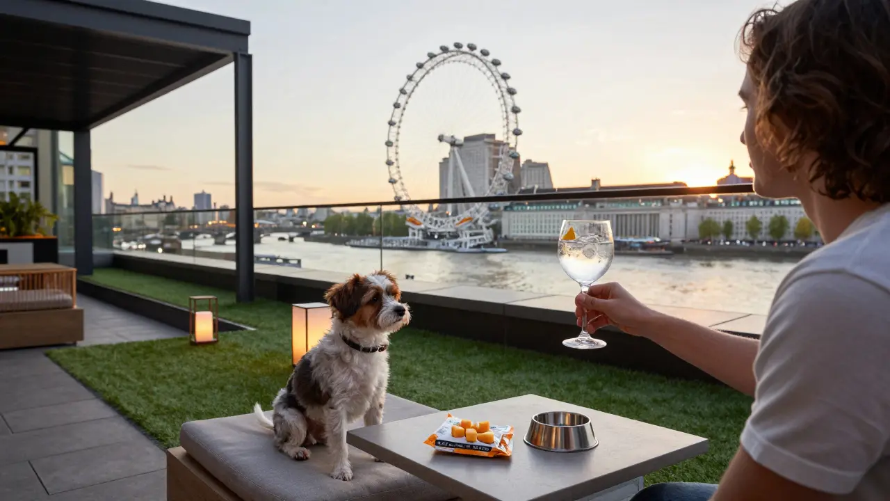 A dog sits calmly on a rooftop bar bench as its owner enjoys a gin and tonic with Thames views.