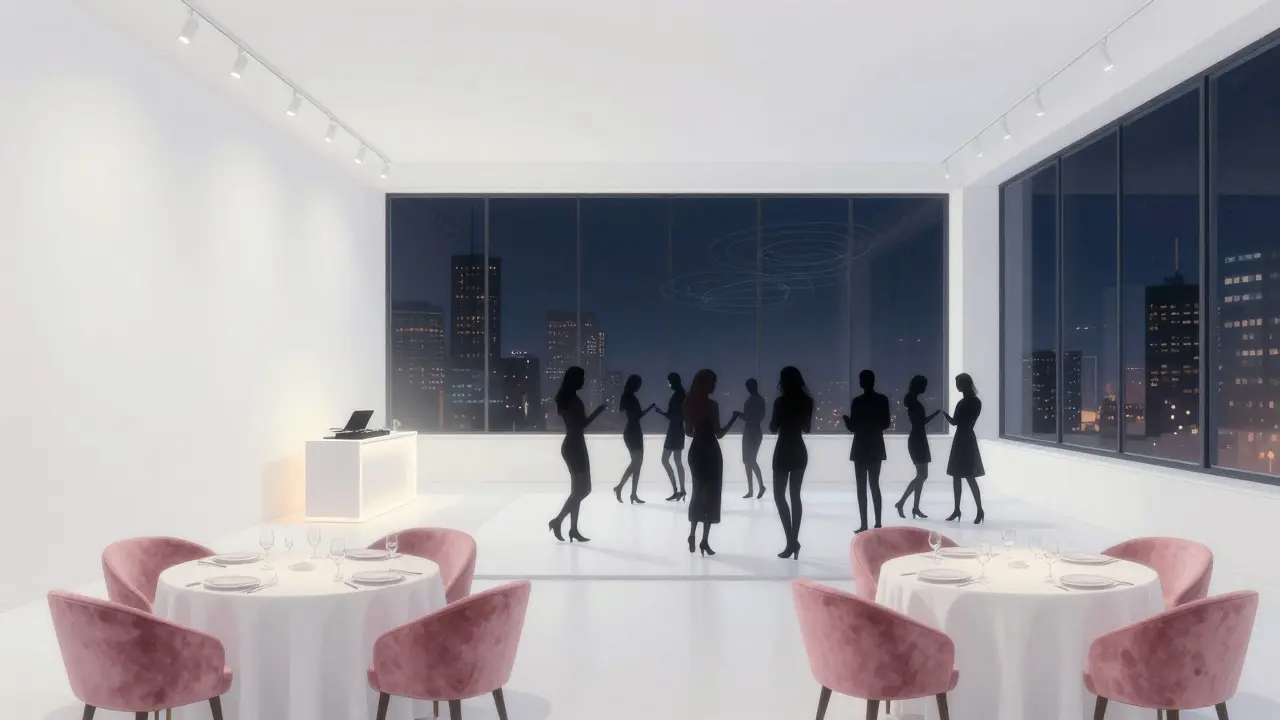A dreamy, dimly lit dance floor at Sketch gallery with city lights visible through windows.