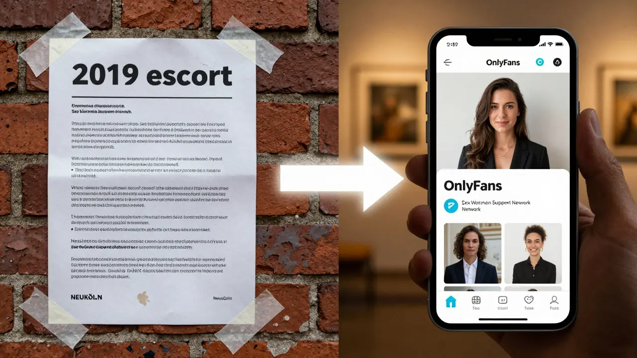 A faded printed flyer beside a smartphone showing a professional escort profile with a verified safety badge.