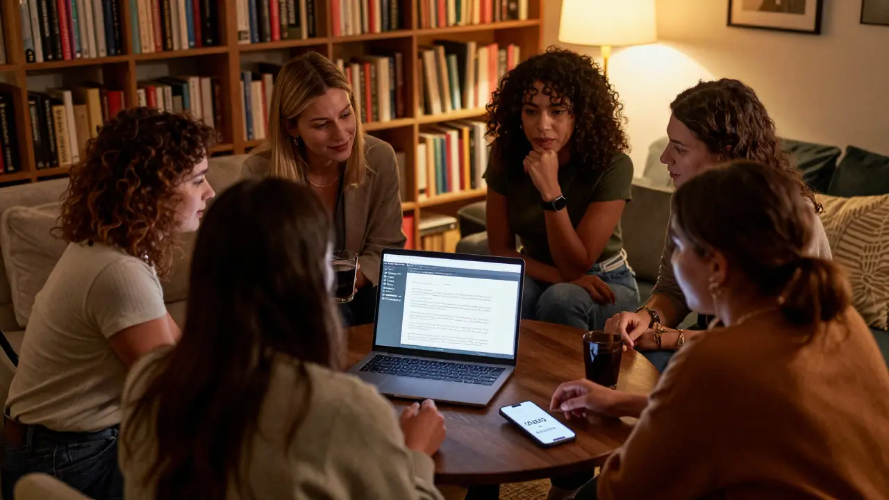 A group of escorts in a safe meeting space sharing resources and support in a London flat.