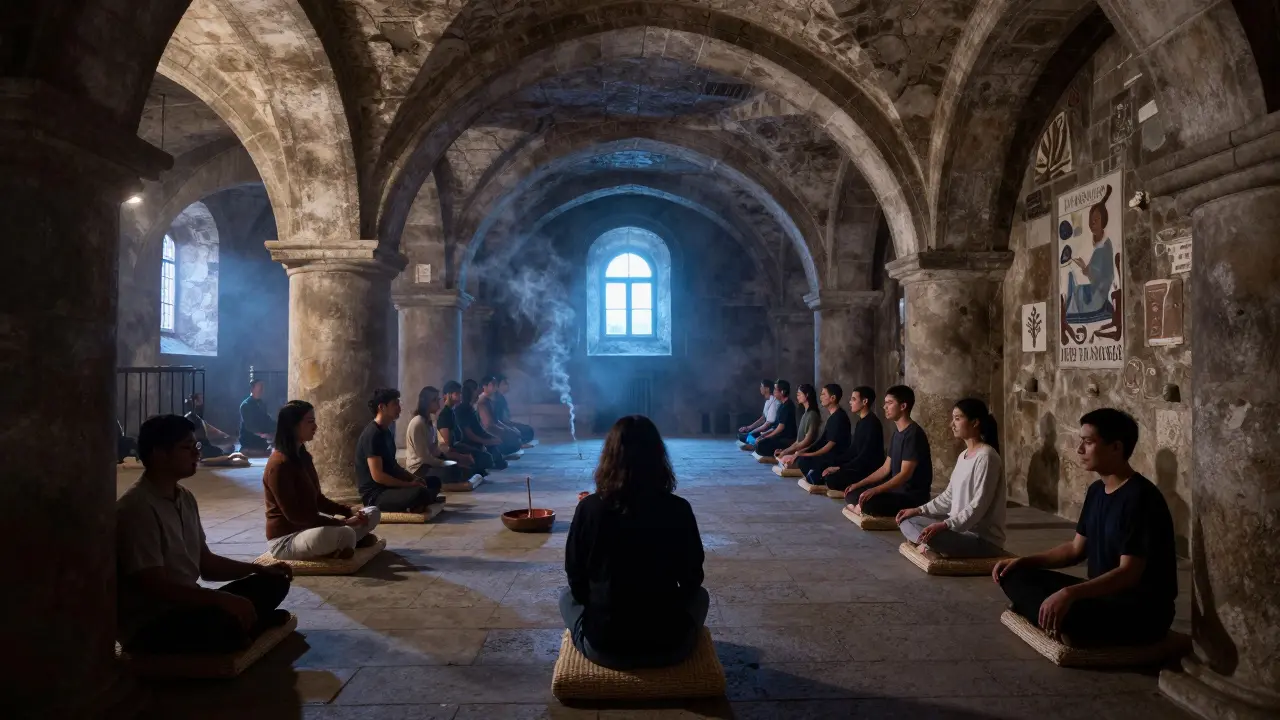A group of people meditating silently in an ancient stone crypt, incense smoke curling in the air under midnight light.