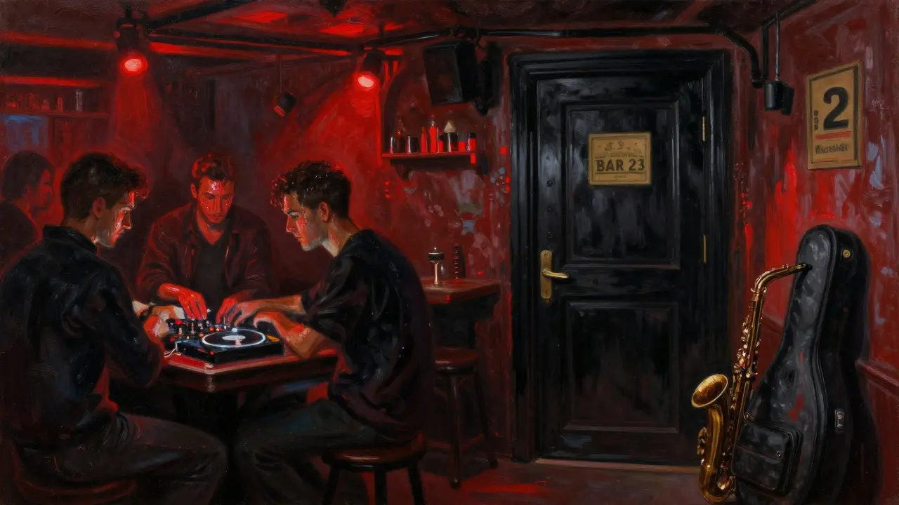 A hidden basement club with deep house music, dim red lighting, and an intimate crowd lost in the rhythm.